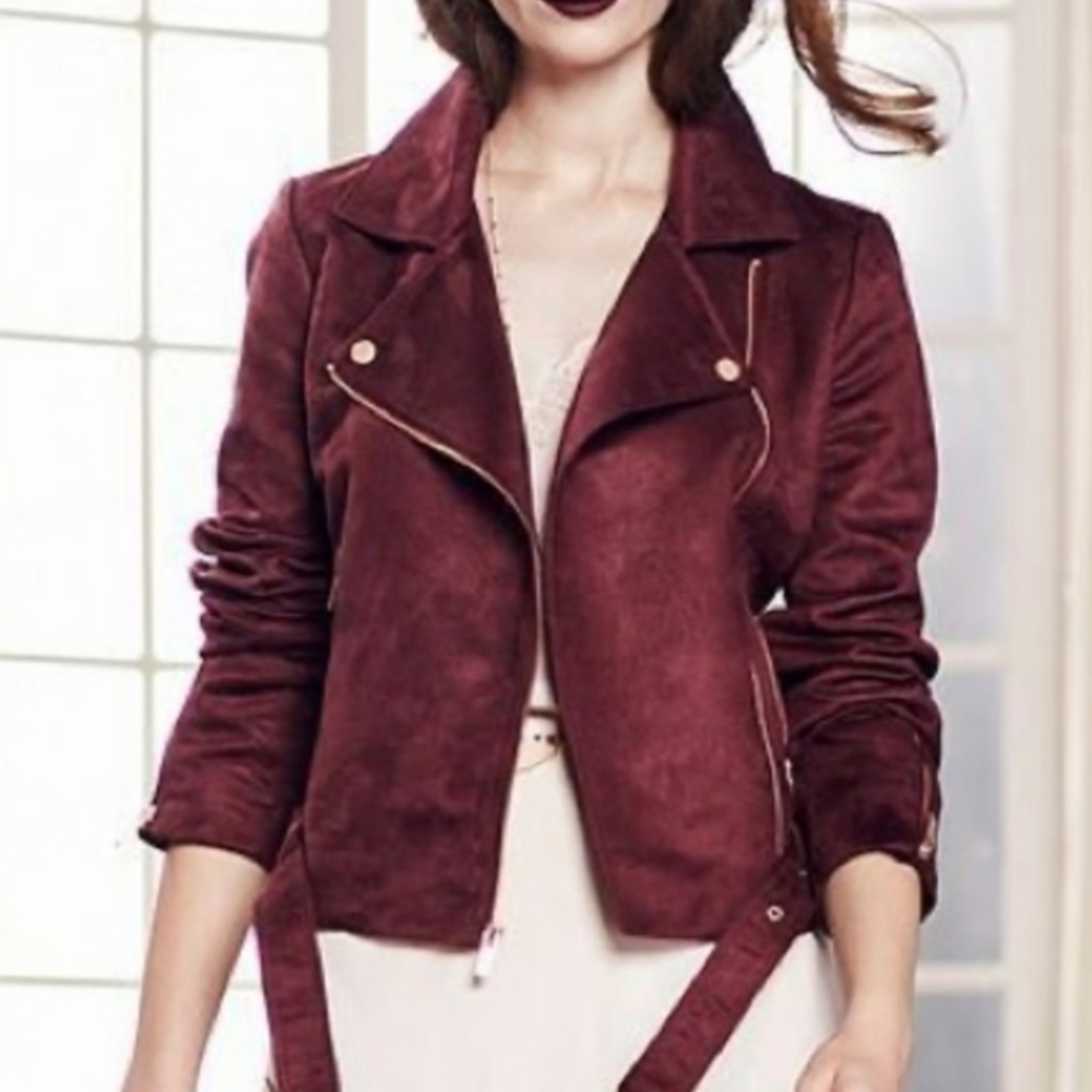 Lauren Conrad | Burgundy Faux Suede Moto Jacket - Picture 9 of 9